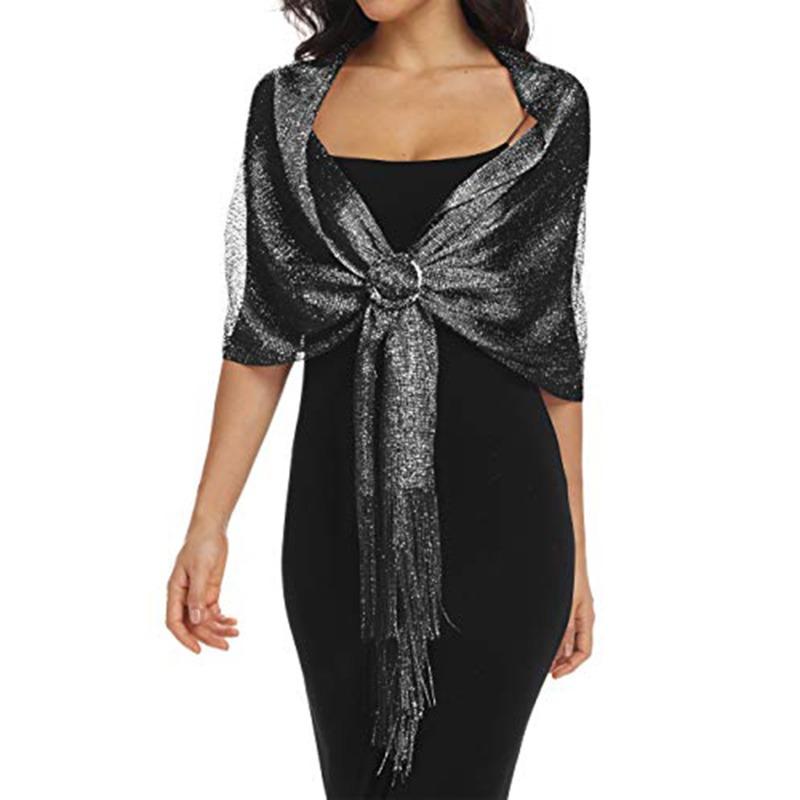 Sciarpa Hijab Para Sole Luminosa alla Moda Sciarpe Lucide Oro Argento Per Donne Pizzo Nappa Festa Sera Sciarpa