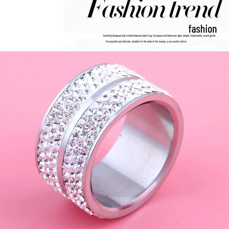 Stylish 12MM Stainless Steel Double Row Rhinestone Ring