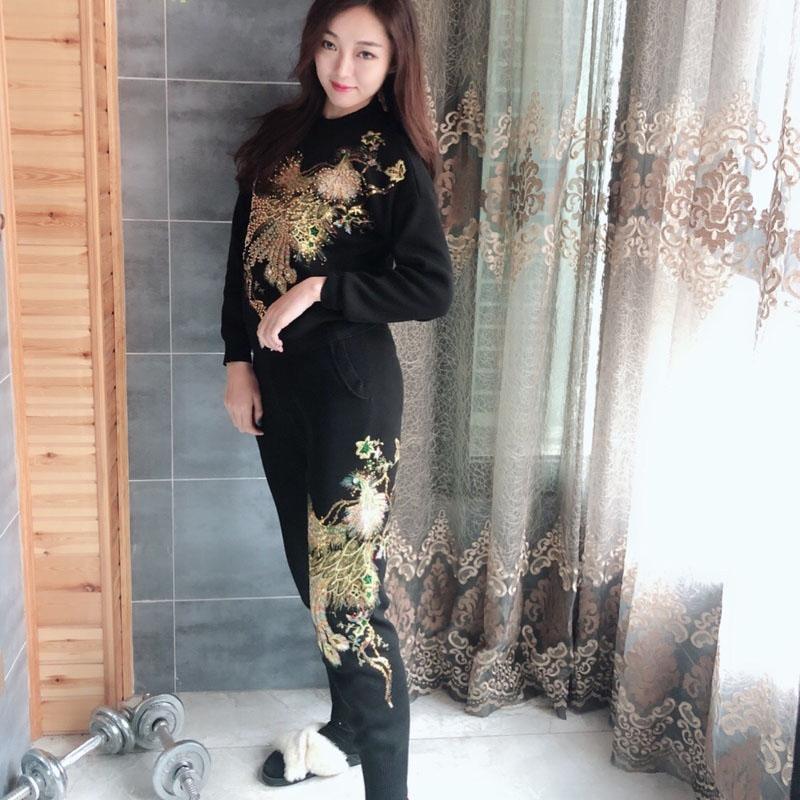 2pcs/set Women Phoenix Beaded  Tracksuit Casual Sports Suit O-neck Sweatershirt Pants Two-piece Set