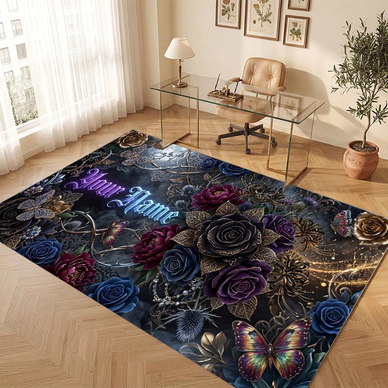 Floral Garden Theme Soft Crystal Velvet Rug Custom Name & Text Print Non Slip Floor Rug for Bedroom Living Room