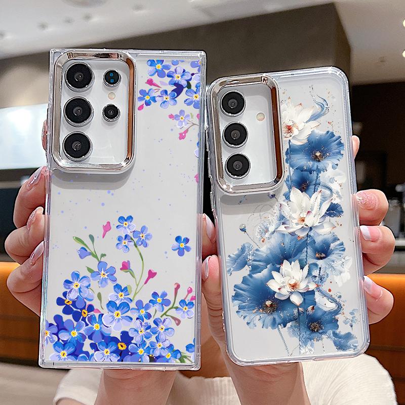 Colorful Flowers Print Case For Samsung S26 S25 Ultra S24 FE S23 Plus S22 S21 A15 A16 A17 A35 A36 A37 A54 A55 A56 A57 5G Plating Lens Soft Cover