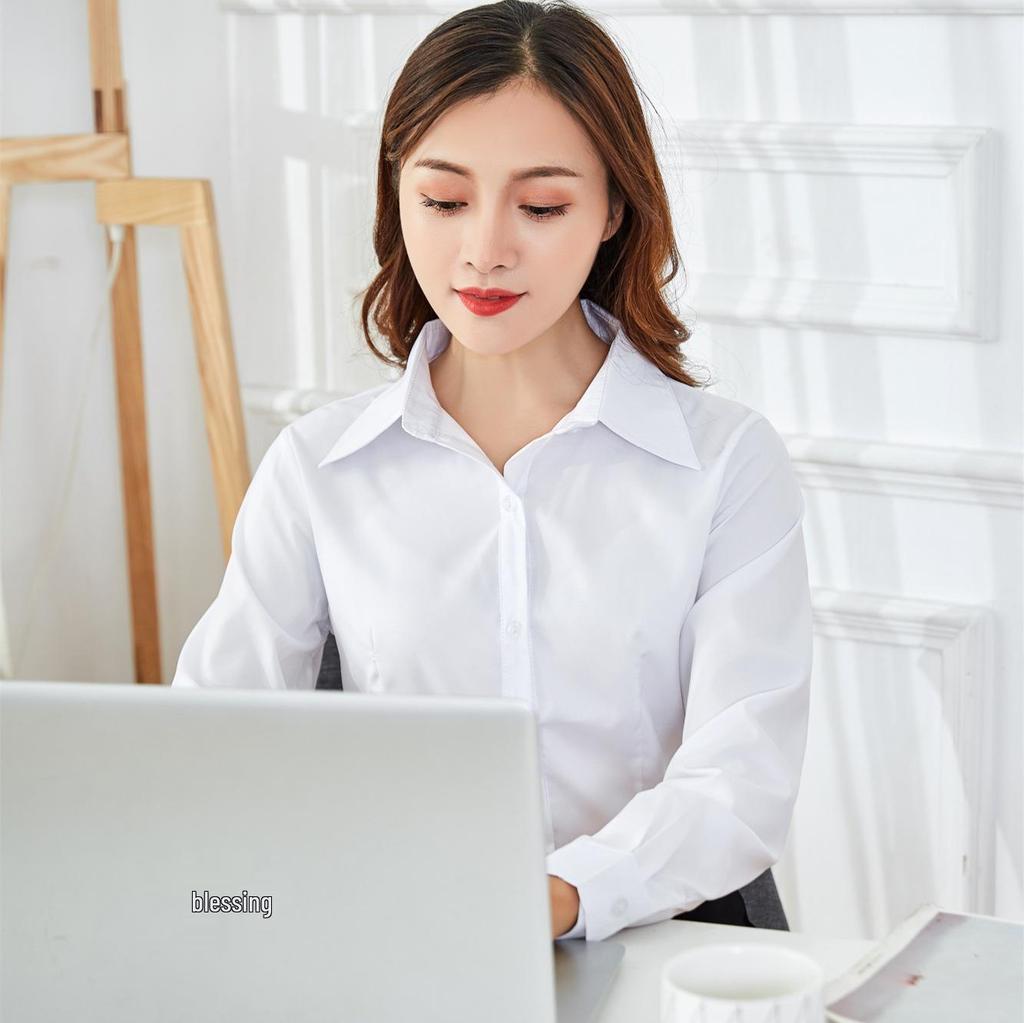 Damska Gruba Biała Koszula z Twillu z Długim Rękawem - Koreański Styl, Warstwa Bazowa, Rozmiar Plus Size, Slim Fit, Profesjonalna Odzież Robocza