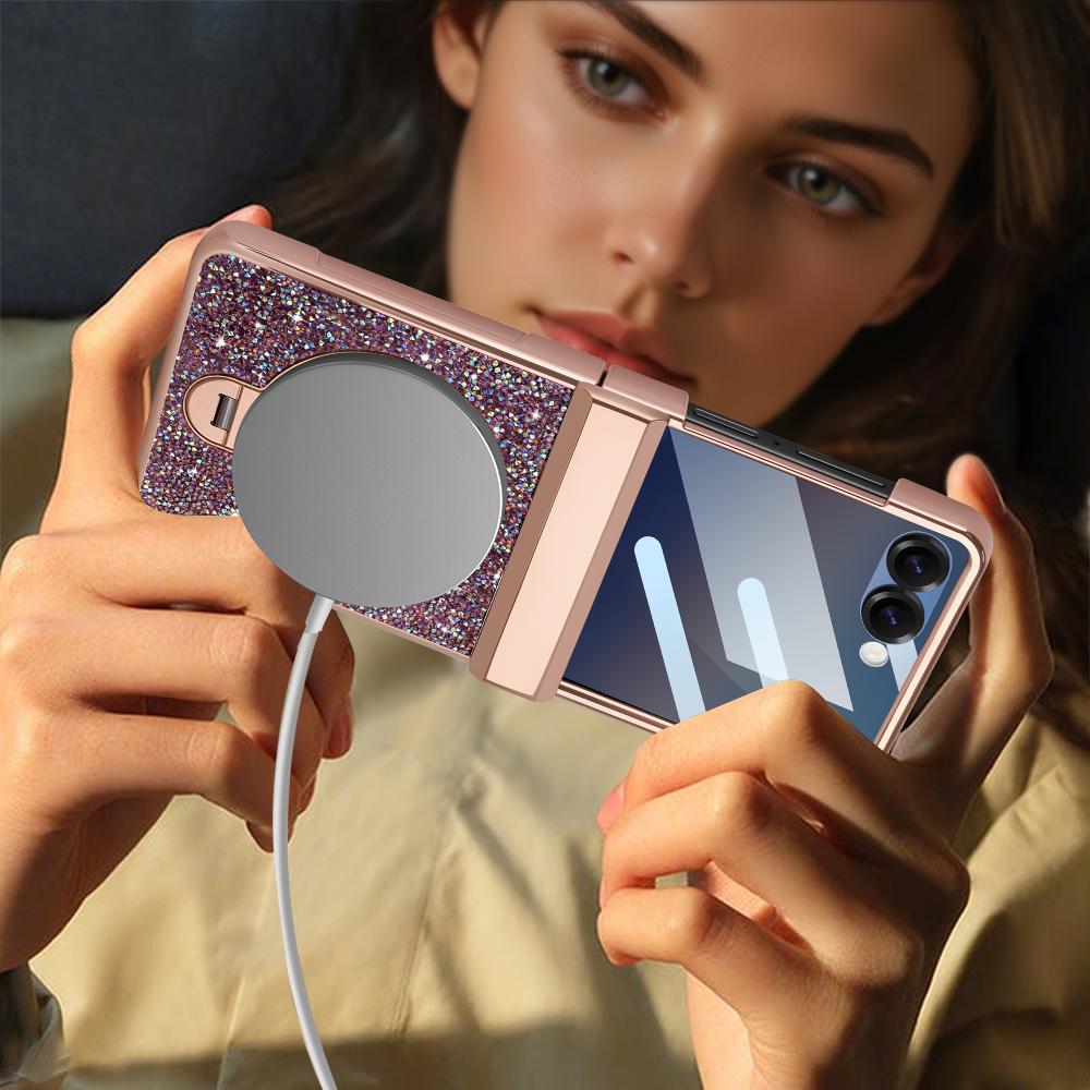 360 Magnetic Stand Hinge Protection Case for Samsung Galaxy Z Flip 8 7 Plating Glitter PU Leather Anti-peeping Glass Film Cover