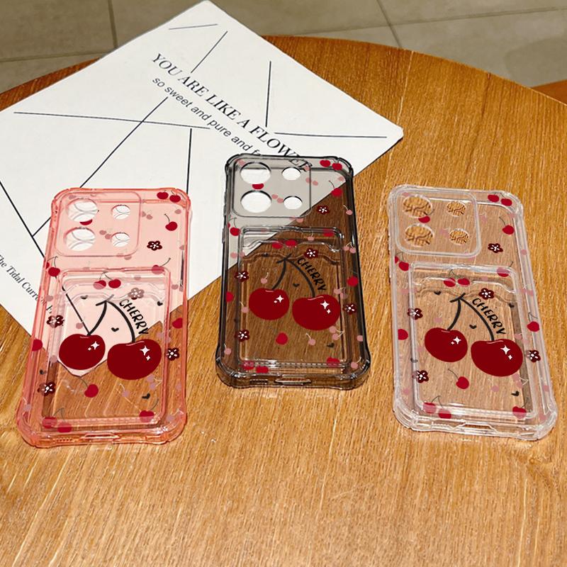 Cherry Pattern Soft Silicone Slim Phone Case For Xiaomi 14T 13T Pro Poco F6 X6 Pro C65 Redmi Note 13 12 Pro 11 Shockproof Clear Card Slot Back Cover