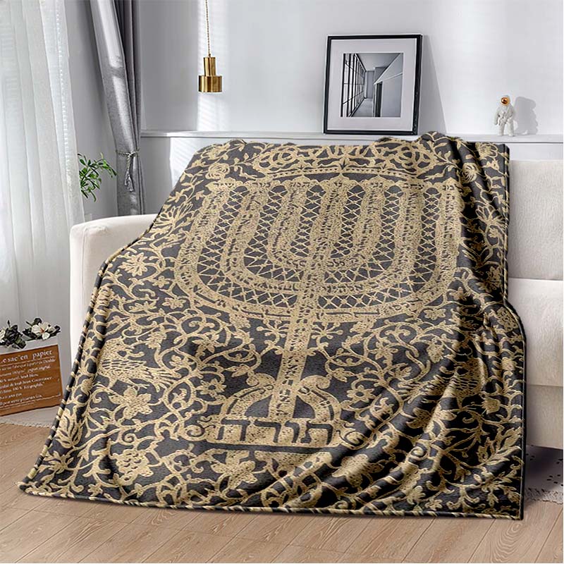 Golden Menorah Star David Red Floral Vintage Frame Black Print Soft Flannel Throw Blanket Sofa Bed Religious Holiday Warm Decor Cover