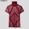 INCERUN Sommer Herren Rollkragen Kurzarm Stitching Mesh Sheer Casual T-shirts T