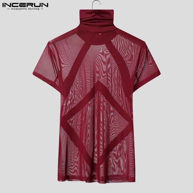 INCERUN Letní pánské rolákové tričko s krátkým rukávem, prošívané síťovinou, průsvitné, ležérní