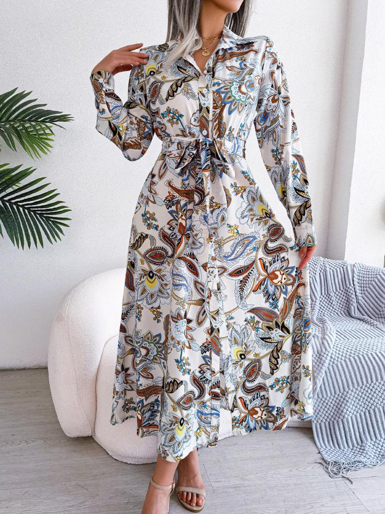 Turndown Collar Print Flower Button Dress High Waist Elegant  Shirt Dress for Women Long Sleeve Loose Dresses Causal Dress