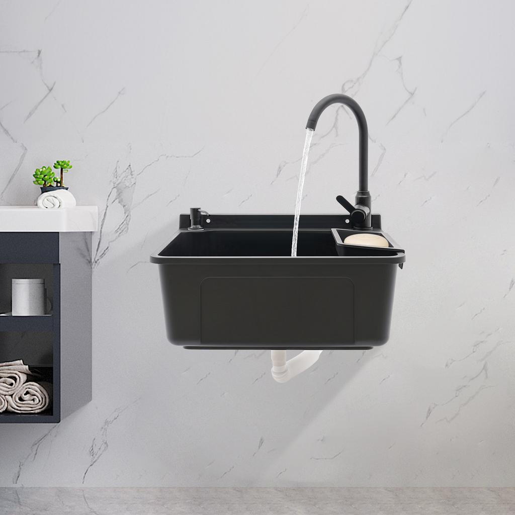 Wall-Mounted Sink, Black Small Basin, PP Utility Sink for Laundry Room, Garage, Kitchen, Modern Style Sink, 20.08x17.52x9.45in