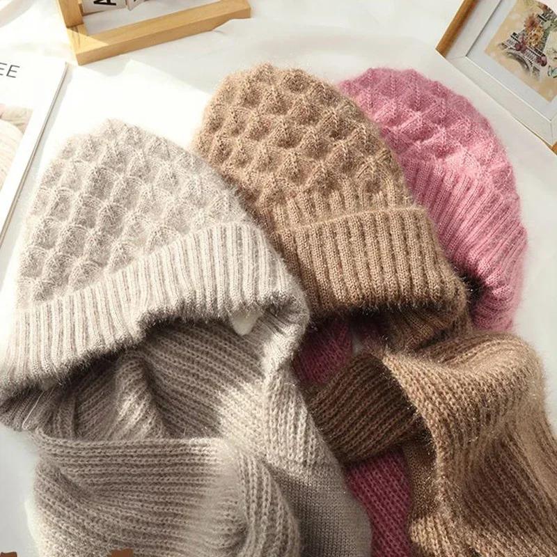 Winter Womens Knitted Hat Double Warm Padded Thickened Hat Scarf One Wool Knitting Net Red Pop Wind and Snow Beanies Hats