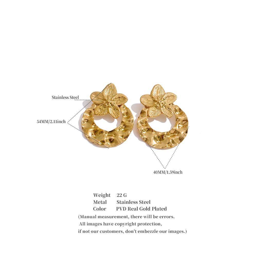 Yhpup Stainless Steel Hammer Metal Flower Stud Earrings Anti Allergic 18K PVD Plated Stylish Daily Wear Jewelry Waterproof