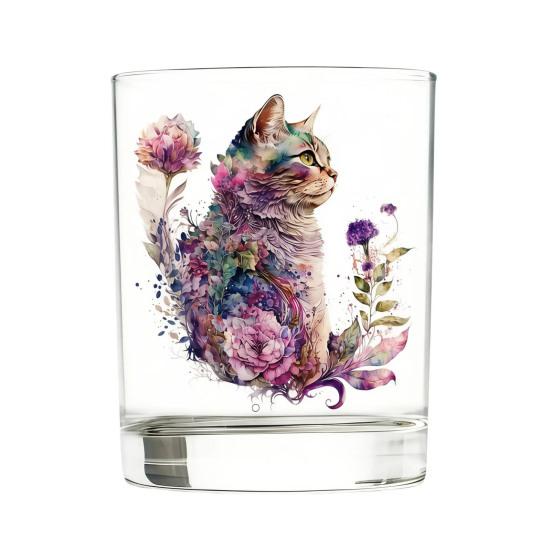 Cute Cat Floral Glass, Juice Coffee Cup, Milk Tea Glass Mug, Artistic Whiskey Coffee Mug for Home Bar, Gift for Cat E