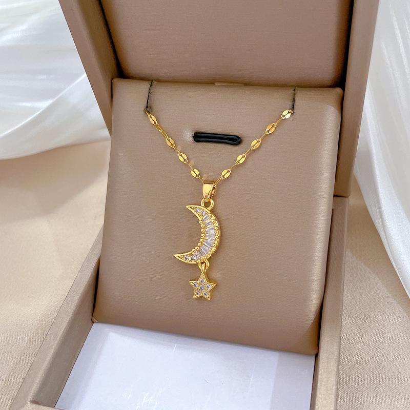 Titanium Steel Moon Pendant Necklace: Elegant Full Diamond Micro-Pave Design, Sparkling and Stylish for Women.