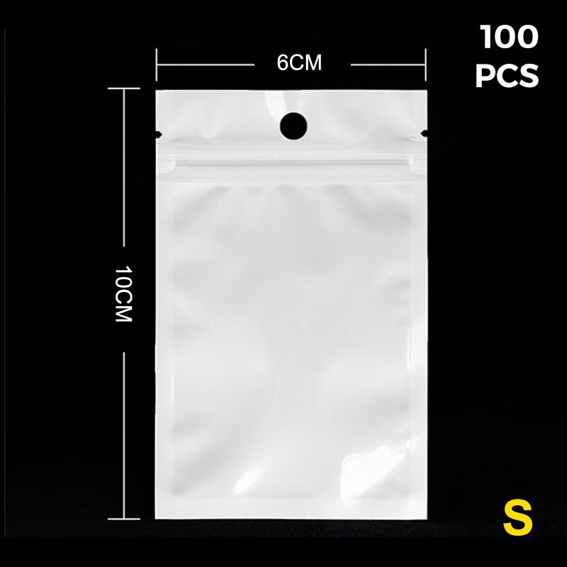 100Pcs White Clear Flat Pouch Cosmetic Packaging Jewelry Resealable Plastic Pearlescent Self-Sealing Data Cables Bag