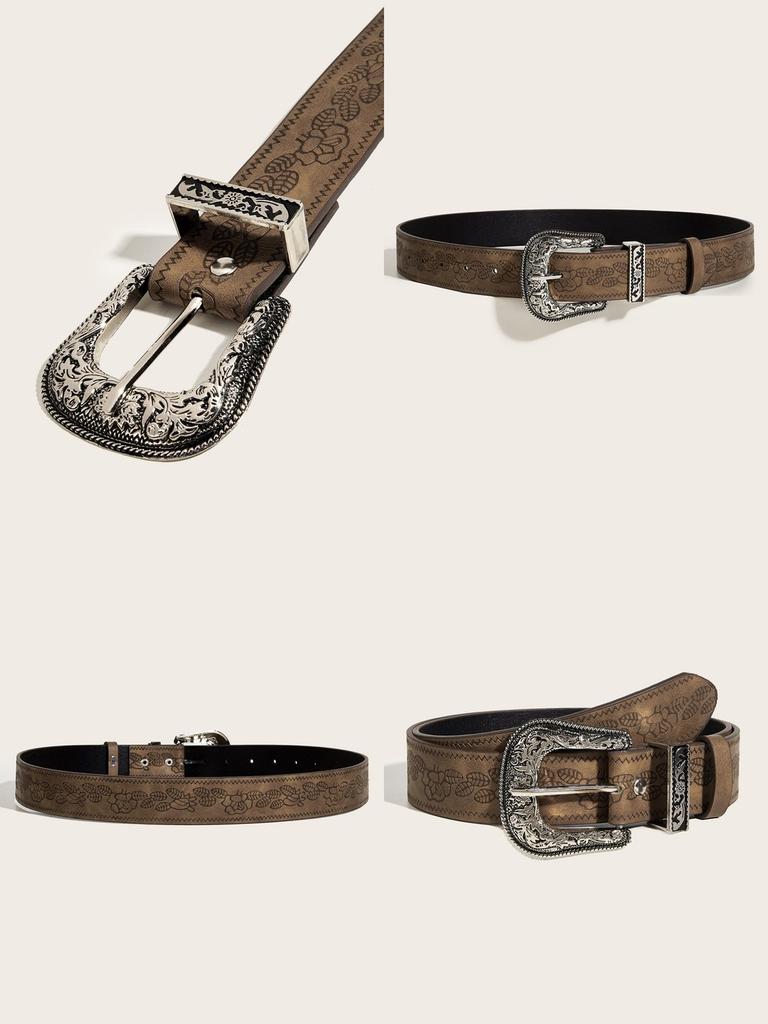 European And American Style Brown Textured Unique Pin Buckle Belt With Special Printed Floral Pattern Unisex 103cm