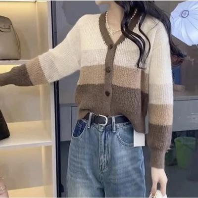 Color Matching Striped Knitted Cardigan Top Women's Autumn and Winter New Short Loose Lazy Sweater Jacket