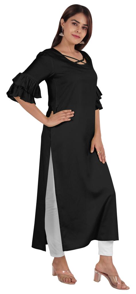 Moomaya Solid Designer Kurti Bell Sleeve Casual Long Straight Kurta For Women