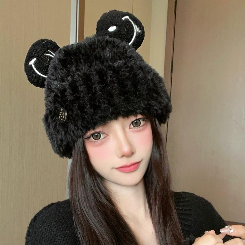 Cute Bear Plush Hat Female Thermal Knitted Hat Woolen Hat Big Head Circumference Autumn and Winter Student