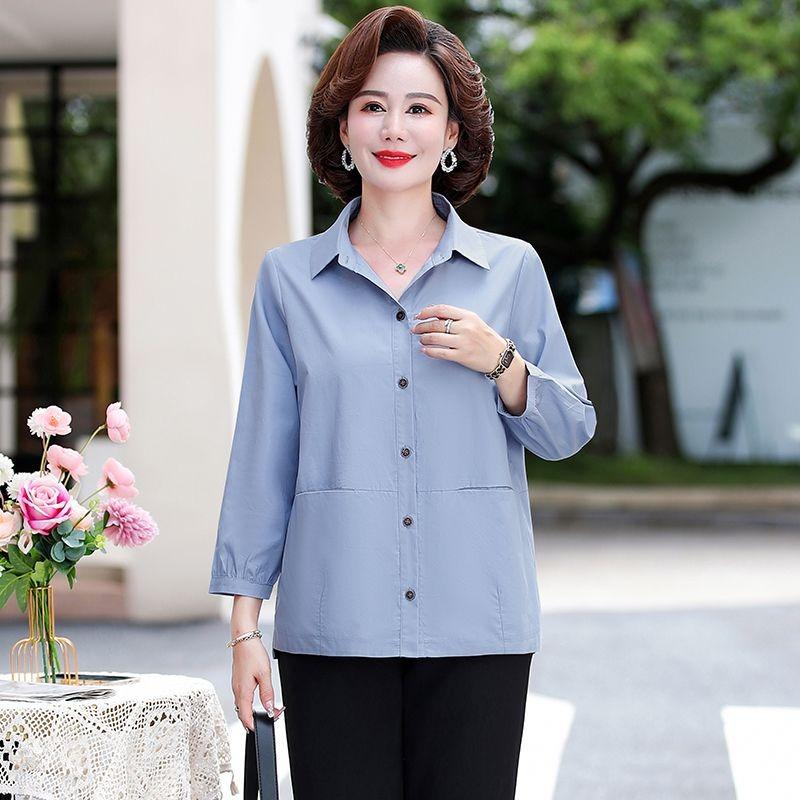 Women S Middle Aged Autumn Thin Polo Neck 3 4 Sleeve Loose Fit Shirt