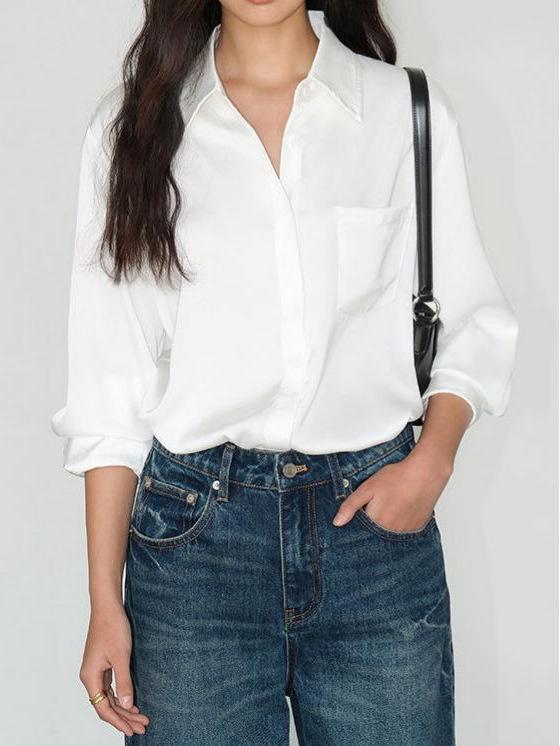 2026 Spring Women's High-End Satin Long-Sleeve Loose Fit Shirt with Unique Design