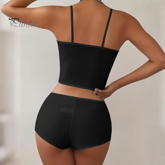 Dámský 2dílný pyžamový set Letní sexy Crop Cami Top a šortky Set ležérní žebrované spací prádlo s květinovou výzdobou