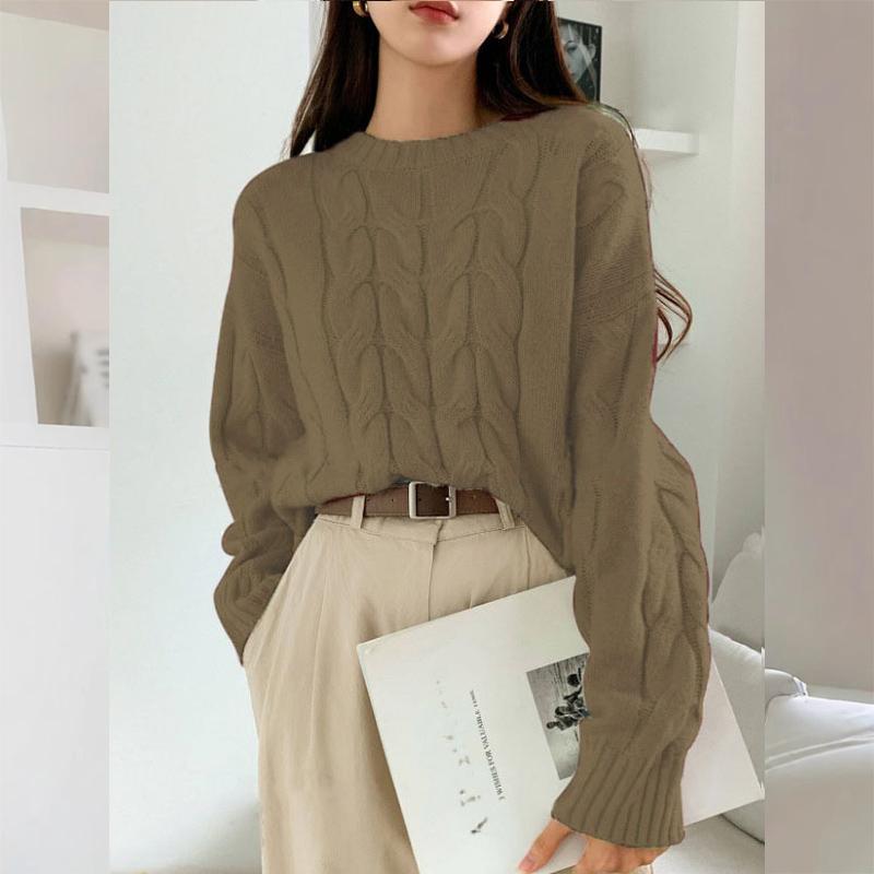 

Женский осенне-зимний топ с вязаным узором «косичка», пуловер, свитер, свободный, с круглым вырезом, однотонный, универсальный, модный, удобный, для миниатюрных One size верблюд