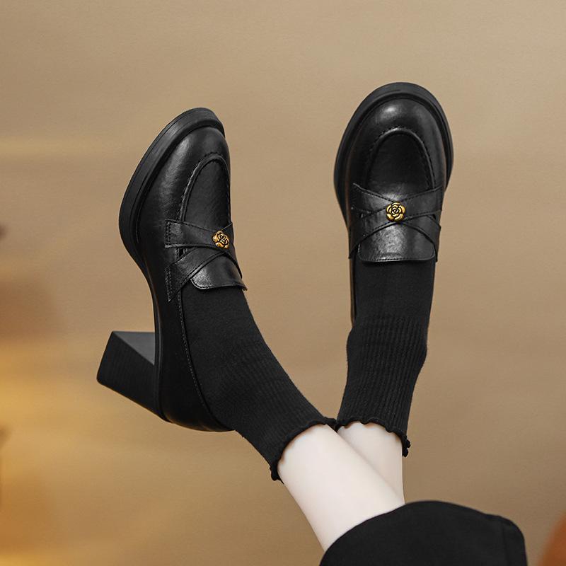 Sheepskin 7.5cm Heel Retro Camellia Loafers: Chunky Heel Black Leather Slip-On Shoes