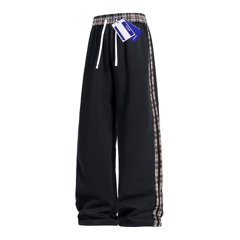 

Wassup Plaid Patchwork Sweatpants for Men, American Retro Hip-Hop Loose Trendy Striped Sports Straight-Leg Casual Trousers Black X L