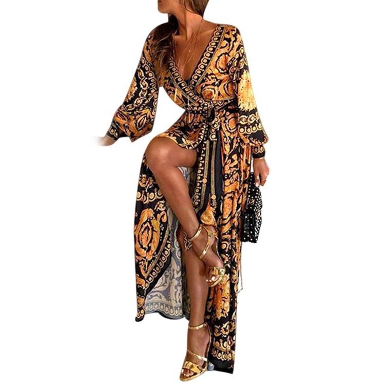 Boho Summer Womens V Neck Printed Long Maxi Sundress