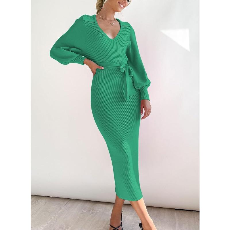 Autumn and Winter Women's Sweater Dresses Medium Long Sweater Dress Elegant Long Sleeve V-Neck Sexy Knit Tight Lace-up Dresses