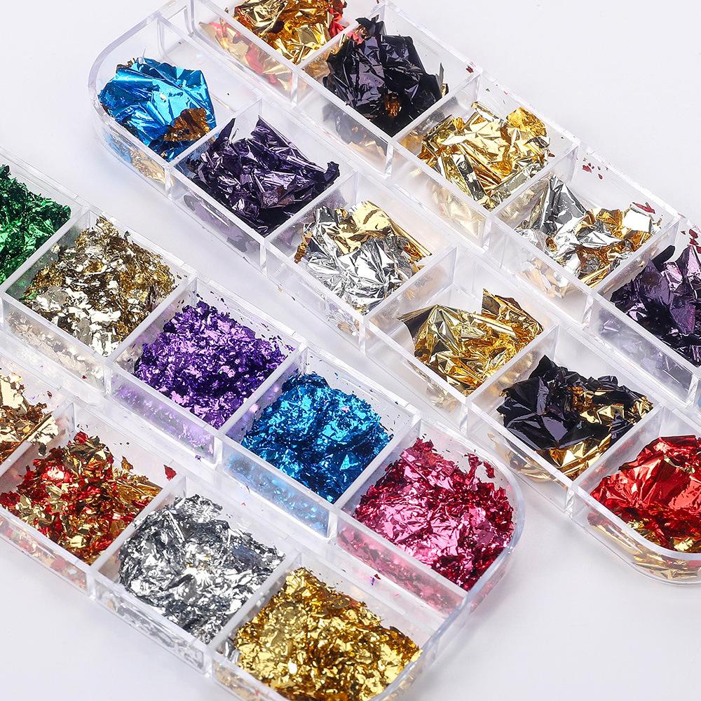 12 Grid Nail Art Gold Foil Paper Japanese Nail Art Highlight Gold And Silver Foil Fragments Box Diy Decorative Tin Foil Nail Sticker