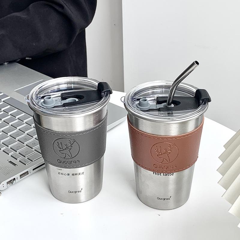 Stainless Steel Coffee Mug with Straw Lid Portable Coffee Cup Drinking Beer Milk Water Cup Restaurant Bar Party 500ml