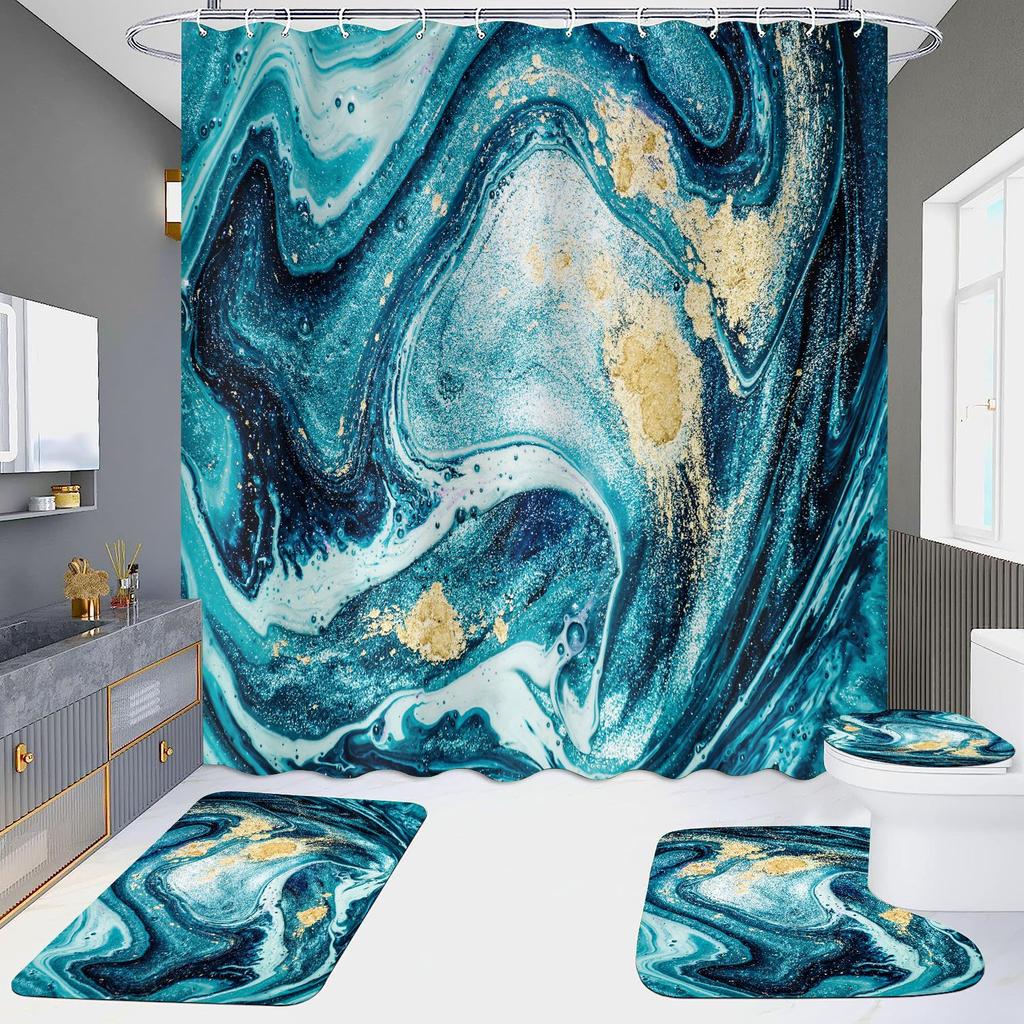 4Pcs Marble Series Shower Curtain Sets for Bathroom Non-Slip Bathroom Rugs Lid Toilet Cover Bath Mat