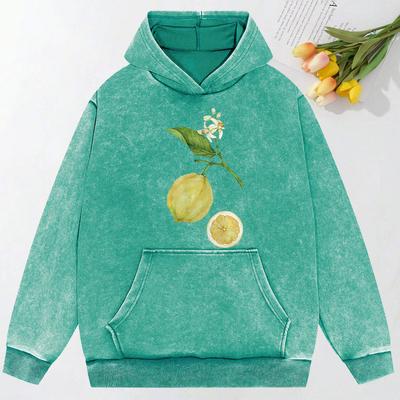Zitronenzweige Schlichter Druck Gewaschenes Sweatshirt Paar Hip Hop Lockerer Kapuzenpullover Herbst Baumwolle Streetwear Weicher Damen Hoodie