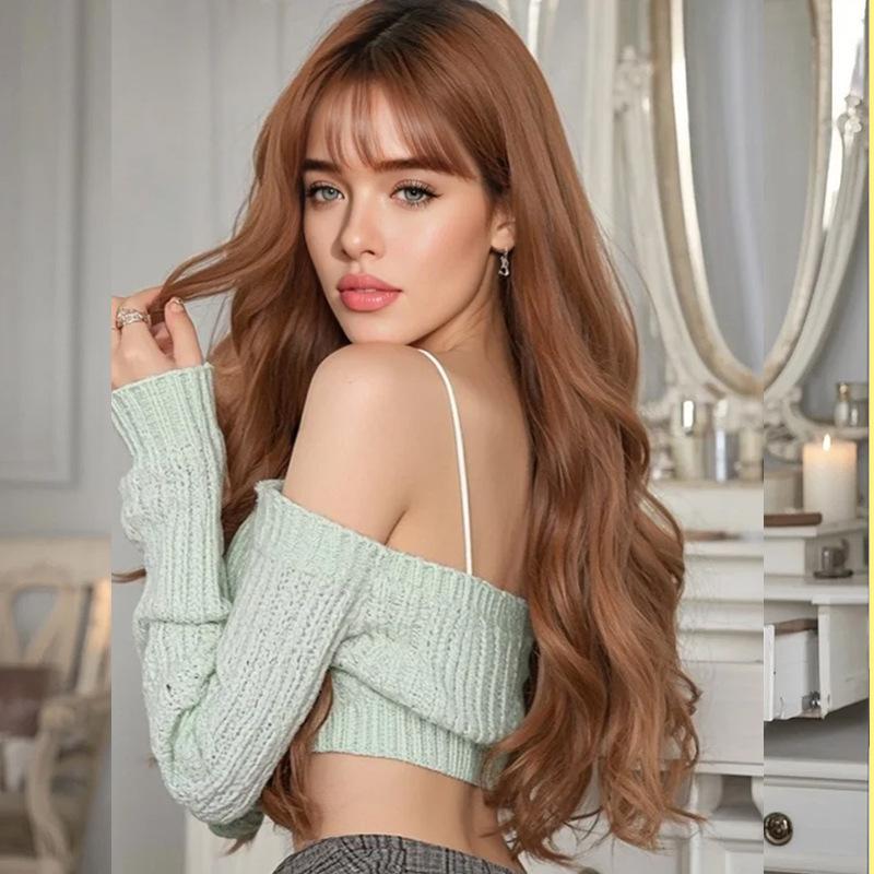New High-temperature Wire Machine-made Wig Full-head Womens Air Bangs Long Curly Hair Water-wave Curls Internet-celebrity