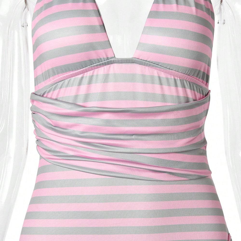 Europe and the United States hot-selling 2026 fashion printing striped neck sling low-cut backless strap slim hip-wrapped Spice Girl short skirt