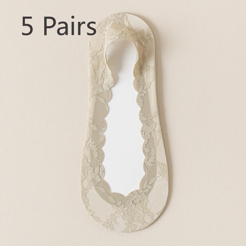 5 Pairs of Women's Spring Summer Thin Cotton Sole Lace Non Slip Boat Socks