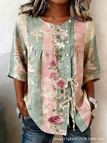 European and American summer new women's tops, shirts, geometric printing buttons, drawstrings, half-sleeved tops, T-shirts, women's clothing