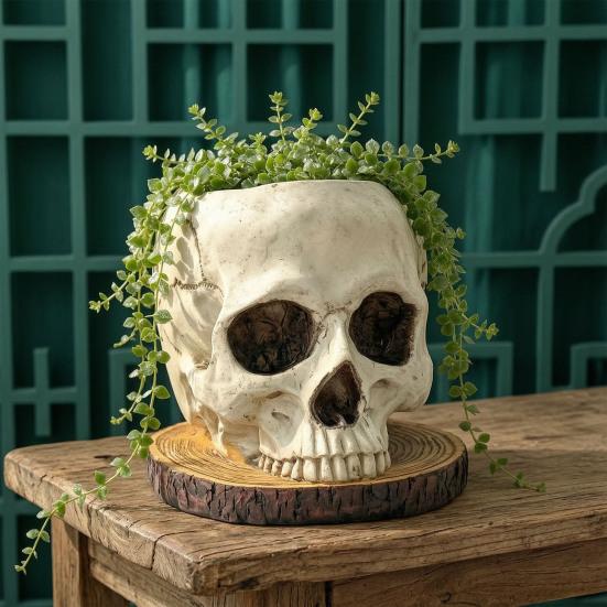 Decorative Resin Ornament Halloween Retro Skull Planter, Spooky Gothic Human Head Flower Pot, Indoor Potted Plant Pot Skeleton Candy Bowl Decoration