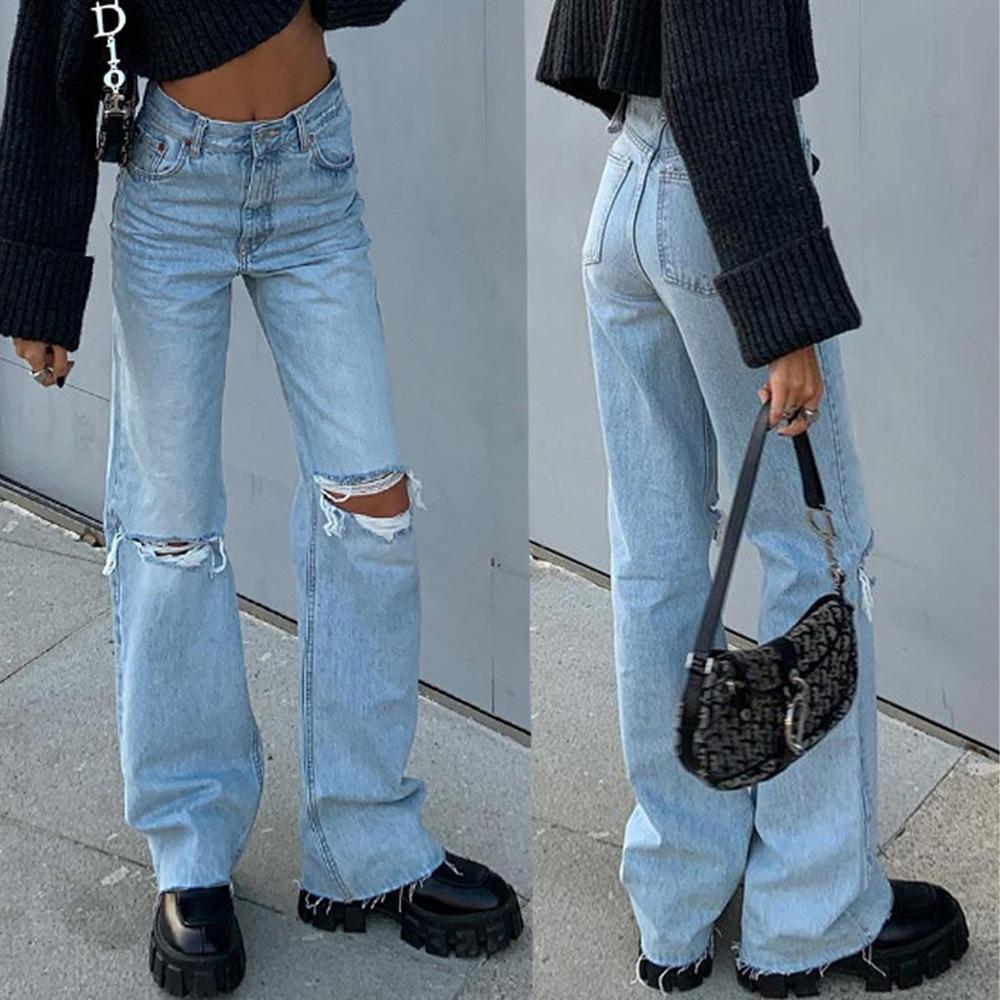 

Джинсовые широкие брюки, рваные джинсы Bootcut M светло-синий
