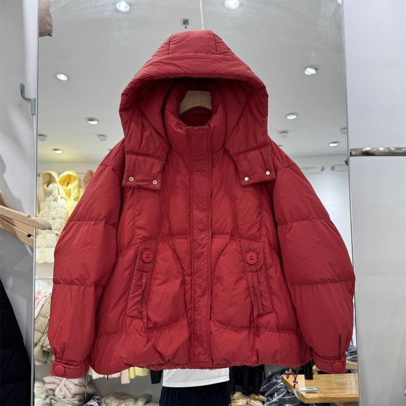 Fashion white hooded round buckle down jacket women's short winter new loose warm white duck down jacket