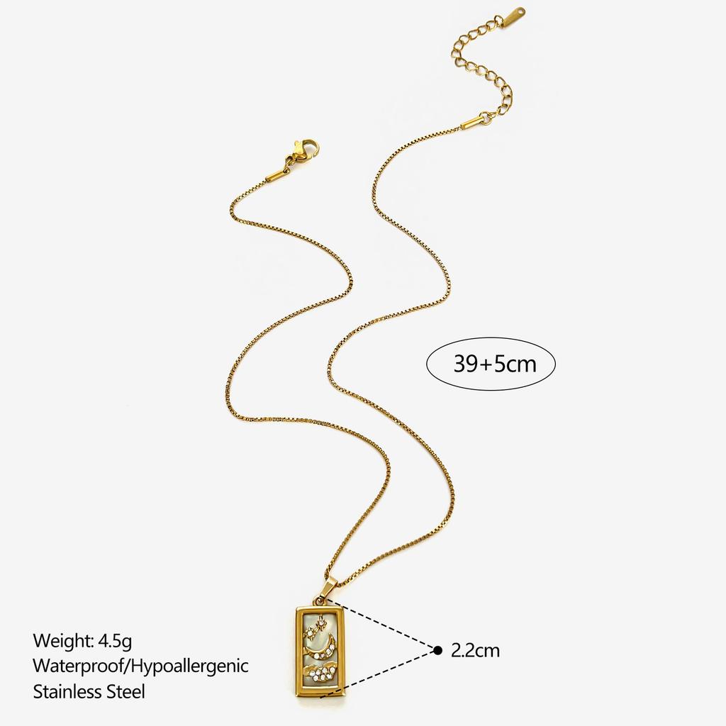 GHIDBK Fashion Sparkling Rhinestone Natural Mother of Pearl Square Tarot Card Pendant Necklace for Women Stainless Steel Zircon