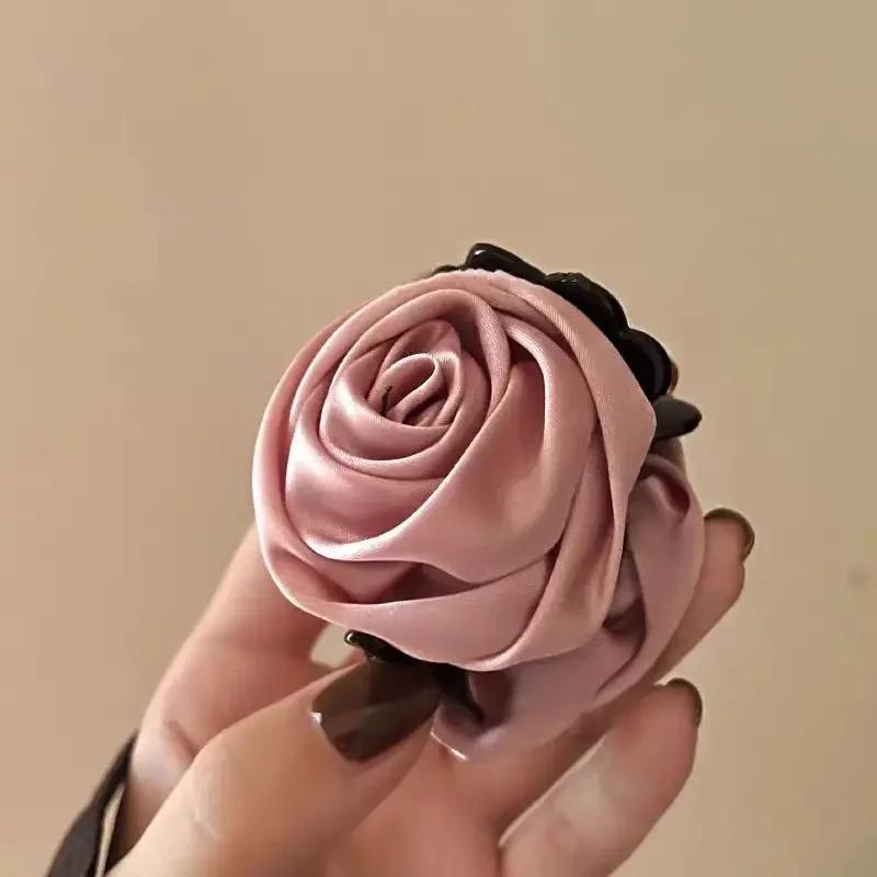 French Big Double Rose Flower Hair Claw Clips for Women Girls Vintage Satin Solid Fabric Handmade Shark Hairgrip Accessories New