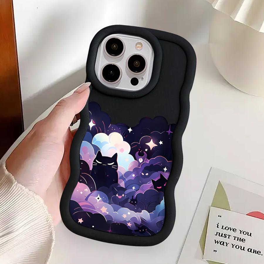 Case for iPhone 16 Pro Max XR 17 Air 15 Plus 8 13 11 12 14 Soft Phone Cover Black Cat Starry Night