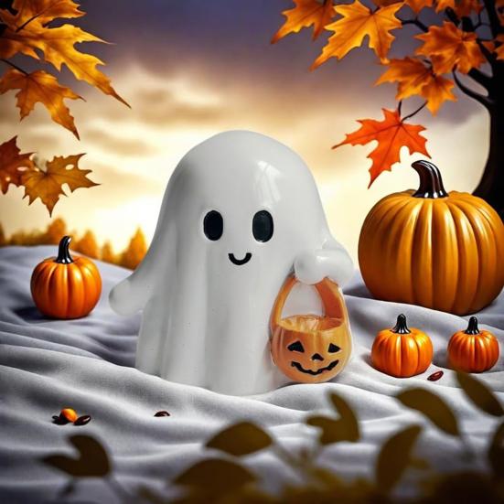 Halloween Ghost Figurine Resin Ghost Ornament Holding A Pumpkin Lantern Glossy Finish Ghost Statue for Home Office Desk Shelf Decor