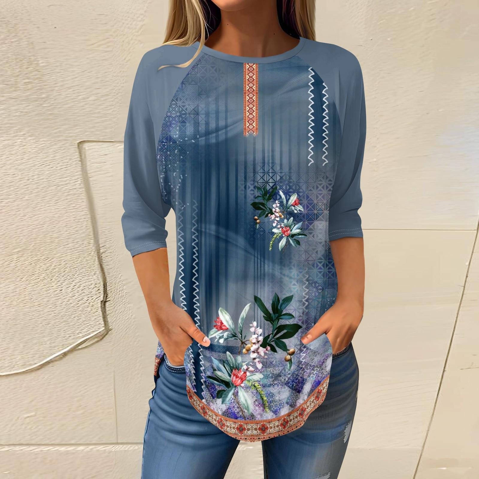 

Женские модные повседневные топы для выхода в свет с принтом и рукавом реглан, пуловер с рукавами 3/4, топы с круглым вырезом L тёмно-синий