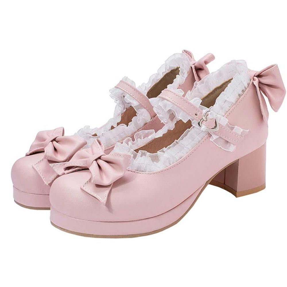 Women Kawaii Mid Block Heel Mary Jane Rockabilly Pumps with Bow Platform Chunky Heel Cute Sweet Shoes