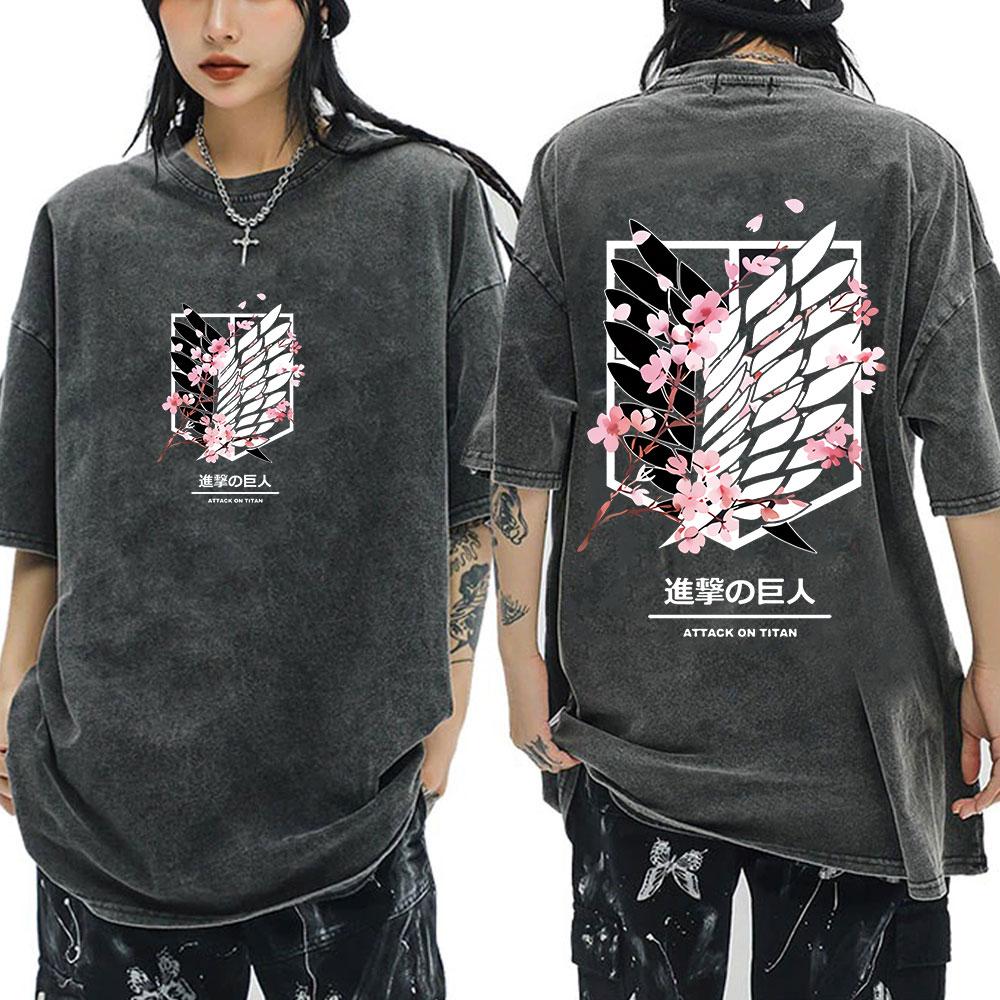 Anime Attack On Titan Washed T-Shirt Ackerman Mikasa Eren Jaeger Cherry Blossom Graphics Logo T Shirt Men Women Cotton T Shirts