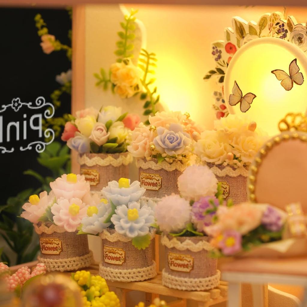 CUTEROOM Dollhouse for Beginners: Wooden Miniature Pink Flower Shop (DIY Toy - Includes Miniature Wooden Furniture and Decorations) - Perfect Gift