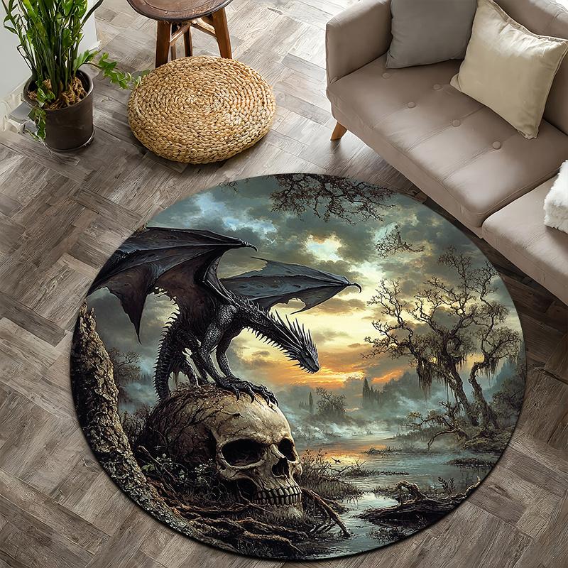 

StyleMysterious Black Dragon Flannel-printed round floor mats are slip-resistant Suitable for living room terrace garden carpets 60cm